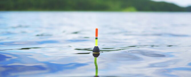 Ein Schwimmer einer Angel treibt auf dem Wasser.