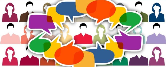 Grafik mit Menschen und Sprechblasen.